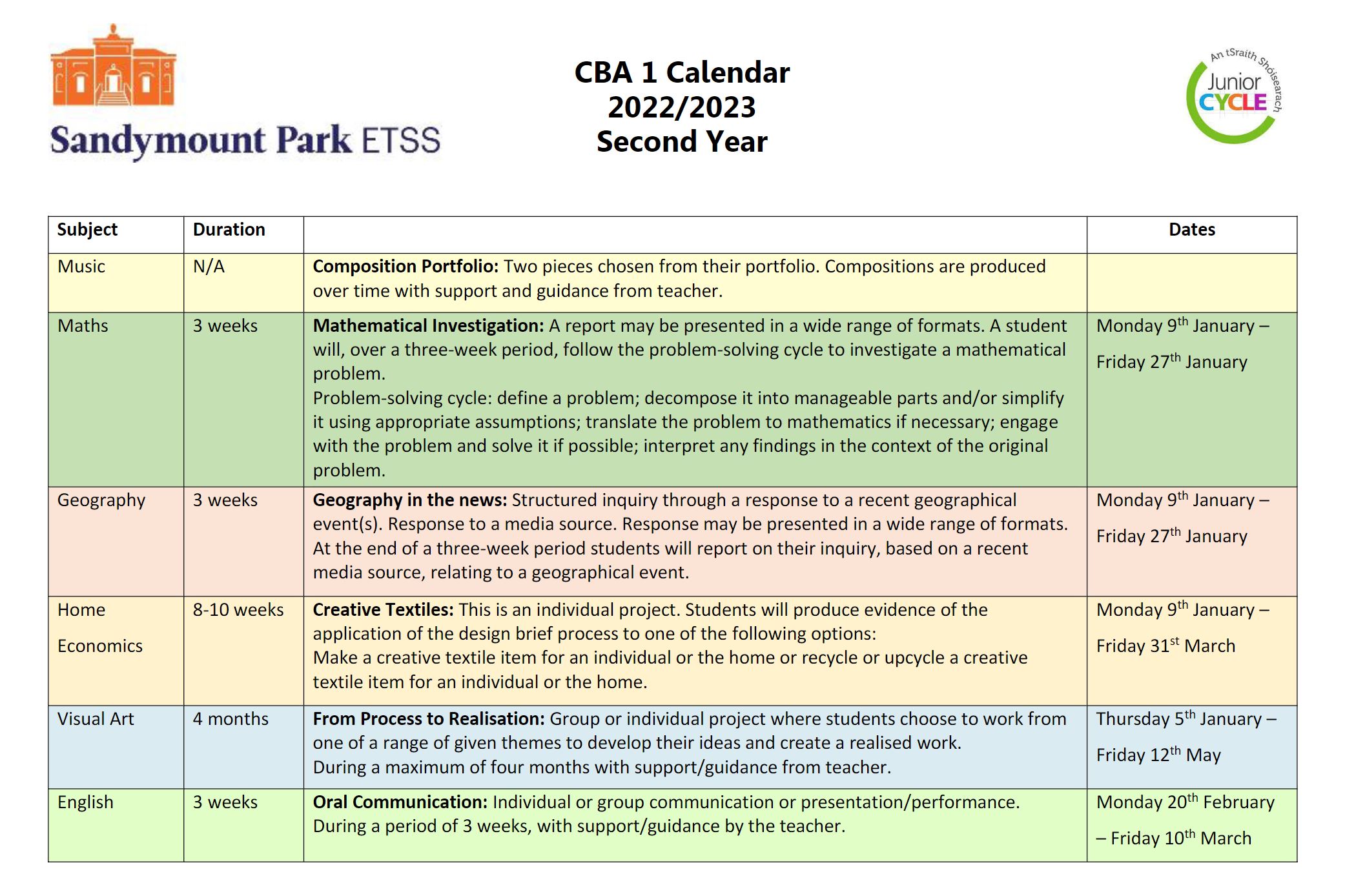 2nd Year CBA Calendar